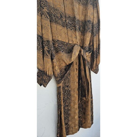 Vintage Francesca of Damon Dress Womens Size 14 Silk Gold Black Pleated Tie 80s - Picture 6 of 11
